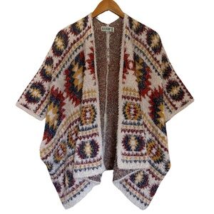 Rockin C Fuzzy Knit Aztec Pattern Southwestern Wild Poncho Shawl Women’s L/XL